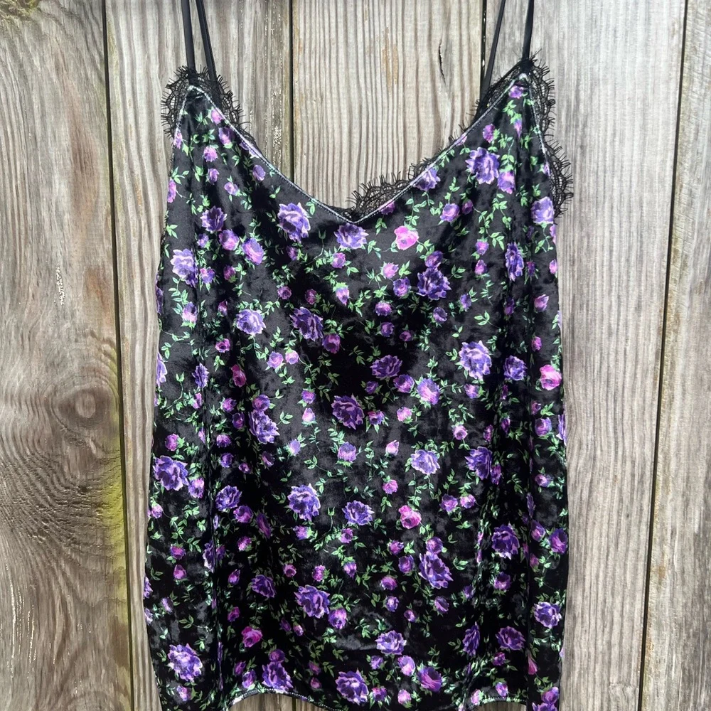VICTORIAS SECRET Velvet Lace-Back Cami Set Black Purple Floral Women’s Med NWT